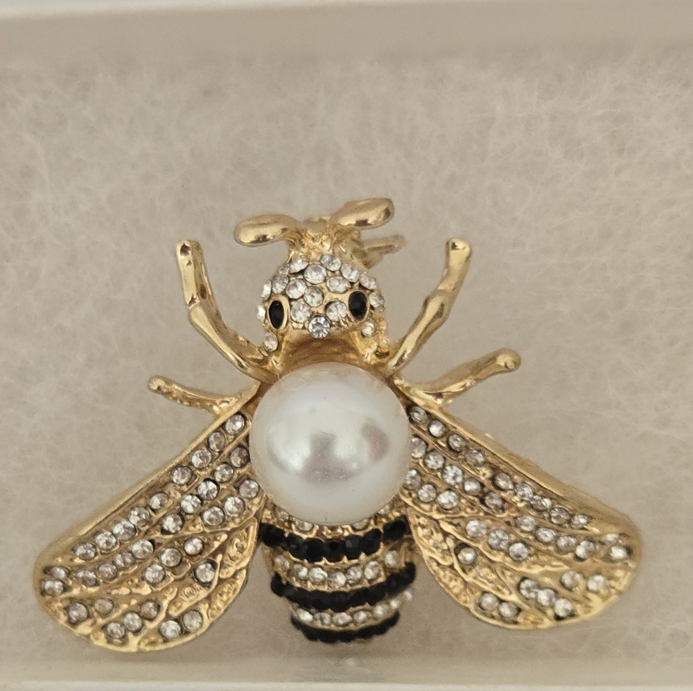 Gold and Black Bee Brooch with Pearl Accent